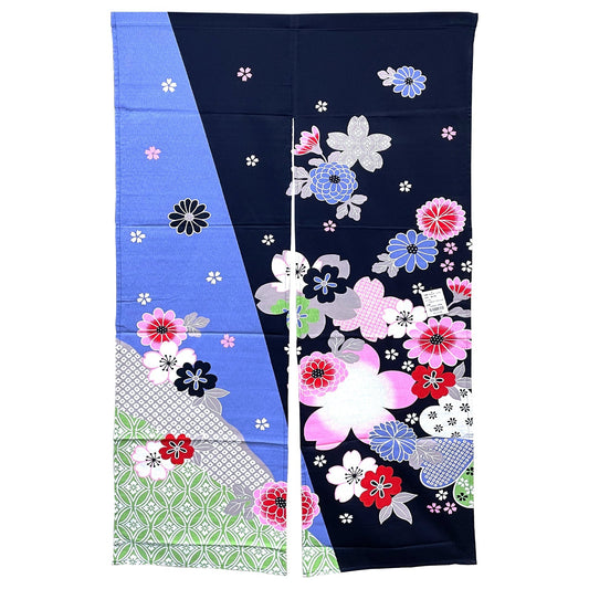 Colorful Floral Pattern Noren Furoshiki Curtain - Blue - Commercial Rice Cookers