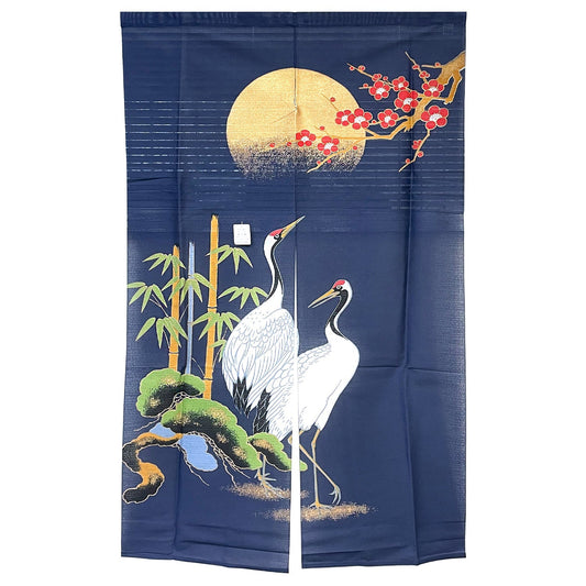 Moon Bamboo Flowers Cranes Noren Furoshiki Curtain - Navy - Commercial Rice Cookers